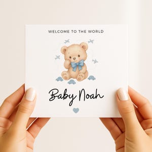 Tarjeta de bienvenida al mundo para bebé niño, tarjeta de osito azul para recién nacido, anuncio de nacimiento, tarjeta de llegada de bebé, tarjeta de regalo para bebé niño