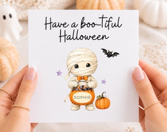 Tarjeta de Halloween personalizada para niños, linda tarjeta de Halloween de momia, tarjeta de Halloween espeluznante para hijo, hija, sobrina, sobrino, nieto, abuelo
