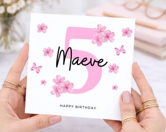 5th Birthday Card Girl, Pink Floral Butterfly Card, Personalised Name Card Age 5, Daughter, Granddaughter, Niece