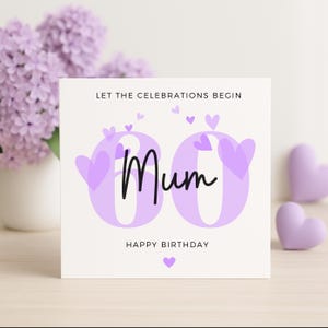 Tarjeta de 60 cumpleaños para mamá, ¡Que empiece la celebración! Tarjeta personalizada con corazón lila para mamá, regalo especial de 60 cumpleaños de mi hija.