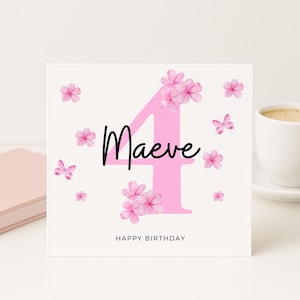 Cartão personalizado de 4º aniversário rosa para menina – Cartão com nome personalizado para filha, neta, sobrinha, afilhada ou irmã mais nova