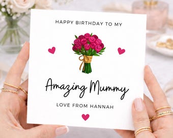 Amazing Mummy Birthday Card, Birthday Card for Mum, Personalised Name Card from Daughter, Son, Child, Pink Flowers and Hearts