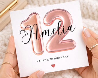 Verjaardagskaart voor een meisje van 12 jaar, gepersonaliseerde roségouden verjaardagskaart voor haar, verjaardagskaart voor een meisje van 12 jaar
