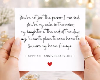 Karte zum 4. Hochzeitstag für meinen Mann: Du bist mein Zuhause. Personalisierte Karte für ihn: Ruhe im Chaos.