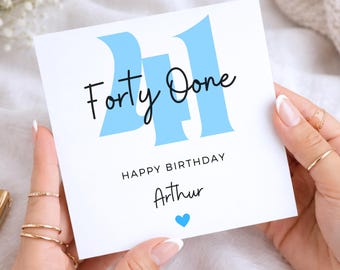 Personalised 41st Birthday Card for Him, Blue Number 41 and Forty One Script, Age 41 Card For Men
