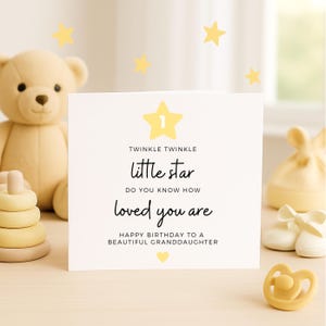 Biglietto di auguri per il primo compleanno della nipote, biglietto "Twinkle Twinkle Little Star", biglietto di auguri per la nascita di una bambina, tema "Stella gialla carina", biglietto "Ti amo"