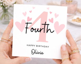 4th Birthday Card, Fourth Birthday Card For Girl, Pink Hearts Age 4 Card, Daughter, Granddaughter, Niece, 4th Birthday Gift