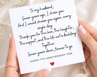 7th Anniversary Card for Husband, Seven Years Together Card, Happy 7th Wedding Anniversary, Romantic Card for Him, Paper Anniversary Gift