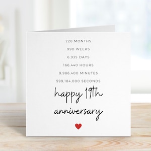 Biglietto d'auguri per il 19° anniversario di matrimonio per marito o moglie, biglietto d'auguri romantico per un traguardo importante del matrimonio, biglietto d'auguri con la ripartizione temporale dei 19 anni trascorsi insieme per il coniuge