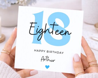 18th Birthday Card, Blue 18 Card for Him, Personalised Name Card, Son, Brother, Grandson, Boy, Modern Number Card, Custom Age 18