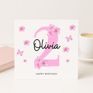 Carte personnalisée de 2e anniversaire, carte papillon floral rose, carte d'anniversaire de bébé fille, carte de visite personnalisée, carte de deuxième anniversaire pour elle