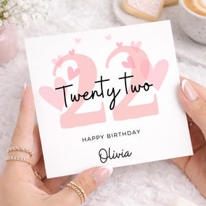 22. Geburtstagskarte, rosa Herzen zweiundzwanzig Karte, alles Gute zum Geburtstagskarte für sie, Tochter, Schwester, Freund, personalisierte Namenskarte
