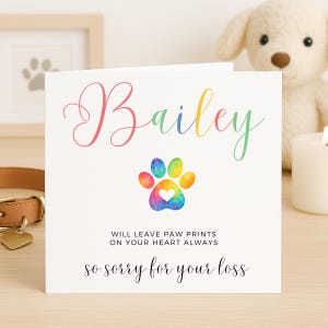 Huellas en tu corazón para siempre, tarjeta de duelo por un perro, tarjeta de condolencias por la pérdida de una mascota, tarjeta de condolencias por la pérdida de un perro