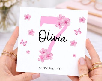 7th Birthday Card for Girl, Pink Floral Butterfly Birthday Gift, Daughter, Granddaughter Or Niece, Cute Age 7 Birthday Card for Her