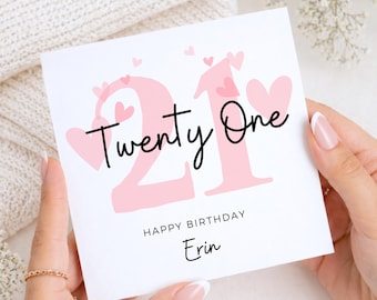 21st Birthday Card for Her, Personalised Pink Heart Card, Custom Name Birthday Card for Daughter, Sister, Friend, 21 Year Old Gift