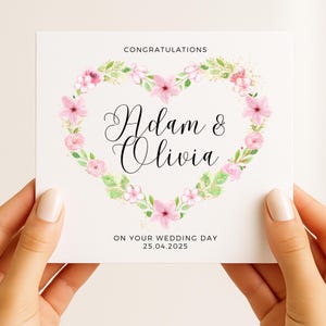 Bloemen bruiloft gefeliciteerd kaart, romantische hartkrans kaart, gepersonaliseerde trouwdagkaart, elegant cadeau voor pasgetrouwden