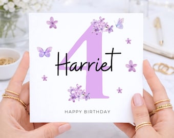 4th Birthday Card Girl Personalised Name, Age 4 Birthday Card Pink Purple Flowers, Birthday Card for Daughter, Girl Birthday Card