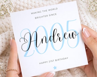 21st Birthday Card for Him, Personalised Blue Name Card, Custom 21st Birthday Card for Son, Brother, Boyfriend, Friend