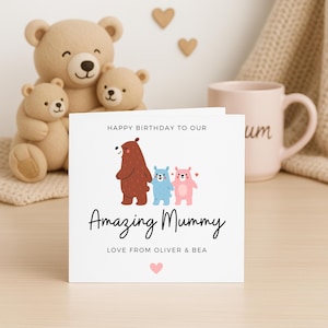 Leuke verjaardagskaart voor mama, verjaardagskaart moeder van kinderen, gepersonaliseerde gelukkige verjaardagskaart, berenmoeder met twee welpen, van jongen en meisje