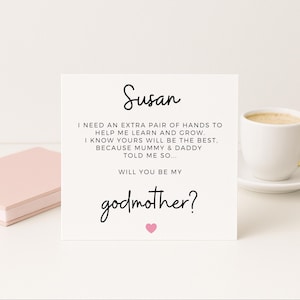 Tarjeta "¿Quieres ser mi madrina?", propuesta minimalista de anuncio de bebé con corazón rosa, "Mamá y papá me lo dijeron", estilo neutro.