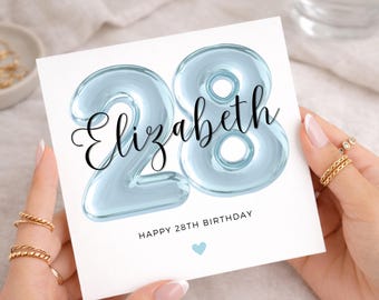 28th Birthday Card, Happy 28th Birthday Card for Her, Blue Balloon Birthday Card, For Her, For Him