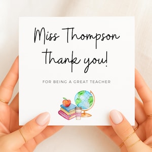 Teacher Thank You Card, Personalised Card For Teacher, End Of Term Card For Miss Thompson, Cute School Theme With Books And Globe