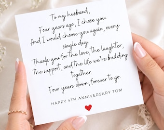 Karte zum 4. Hochzeitstag für den Ehemann, Geschenk zum 4. Jahrestag, Karte zum 4. Jahrestag, Alles Gute zum 4. Jahrestag, Karte für die Ewigkeit