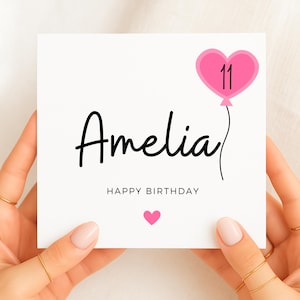 11th Birthday Card For Girl, Personalized Birthday Card With Name, Cute Pink Balloon Age 11 Birthday Card, Custom Happy Birthday