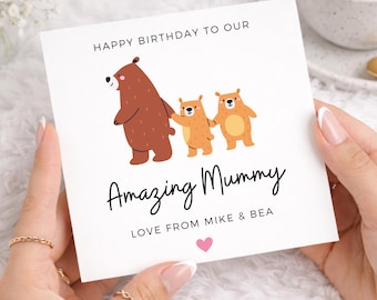 Mummy Birthday Card from Kids, Bear Family Card for Mum, Mother, Mama, Cute Personalised Birthday Gift from Children