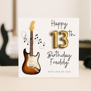 Biglietto di auguri per il 13° compleanno di un ragazzo, tema musicale con chitarra elettrica, personalizzato con nome ed età, biglietto in stile rock, compleanno musicale per ragazzo.