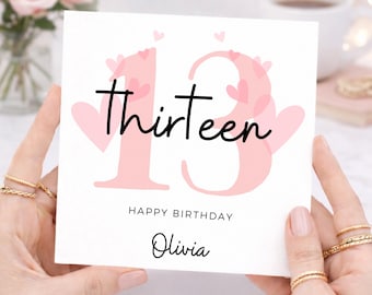 13th Birthday Card For Girl, 13th Birthday Card For Daughter, Granddaughter, Niece, 13 Birthday Gift For Her, Pink Hearts
