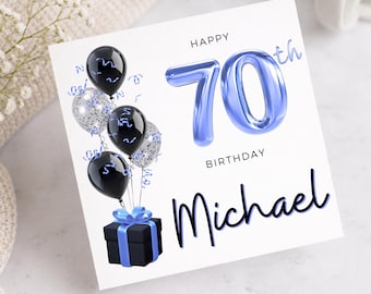 70th Birthday Card for Him, Blue Black Balloons and Gift, Age 70 Card for Dad, Grandad, Husband, Brother, Uncle, Friend