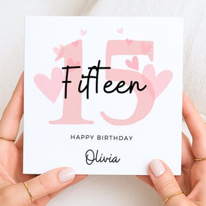 Carte d'anniversaire personnalisée pour les 15 ans, quinze ans, prénom personnalisé, cœur rose