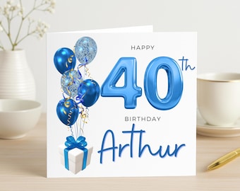 Cartão de aniversário personalizado para 40 anos, com nome personalizado, balões azuis e uma data marcante.