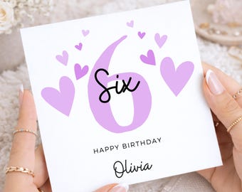 6th Birthday Card Girl Personalised Name, Age 6 Birthday Card Purple Hearts, Birthday Card for Daughter, Girl Age 6 Card