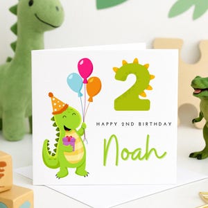Biglietto di auguri per il secondo compleanno di un bambino con dinosauro, simpatico biglietto di auguri con dinosauro per un bambino di 2 anni, biglietto di auguri di compleanno personalizzato per un figlio o un nipote.