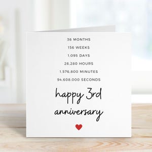 Tarjeta de tercer aniversario para esposo, tarjeta de aniversario personalizada para esposa, regalo de tercer aniversario, tarjeta de aniversario de cuero, poema de 3 años juntos