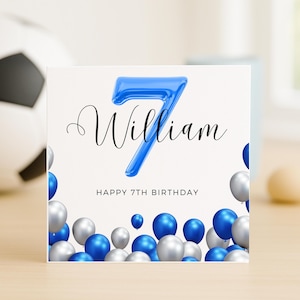 Gepersonaliseerde 7e verjaardagskaart voor jongen, aangepaste naam blauwe ballonkaart, gelukkige verjaardagskaart met leeftijd, verjaardagskaart voor zoon, kleinzoon, petekind