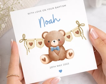 Personalised Baptism Card for Boy, Custom Name Teddy Bear Christening Card