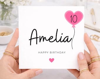 10th Birthday Card For Girl, Personalized Birthday Card With Name, Cute Pink Balloon Age 10 Birthday Card