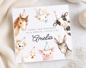 2nd Birthday Card, Farm Animals, Special Little Girl, Daughter, Granddaughter, Niece, Personalised Second Birthday Gift