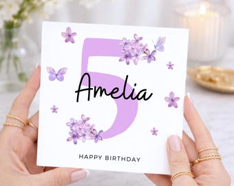 Personligt 5-årsdagskort, lila fjärilsblommigt kort, anpassat namnkort för 5 år, födelsedagskort för dotter, barnbarn