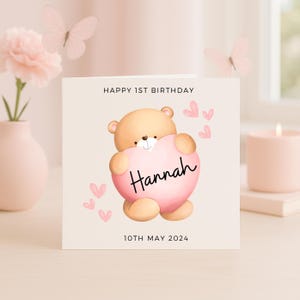 1st Birthday Card For Girl, Personalised Baby Girl Card With Bear And Pink Heart, Custom Name And Date, Cute First Birthday Keepsake