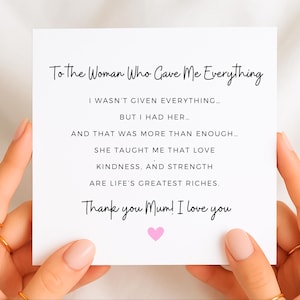 Carte pour maman, à la femme qui m'a tout donné, carte de fête des mères, carte sentimentale pour maman, carte de remerciement pour maman