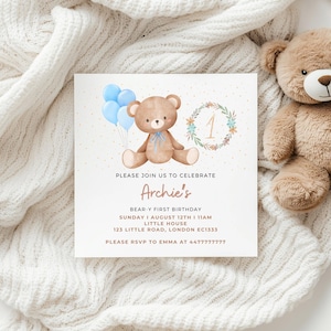 Invitación de cumpleaños personalizada con diseño de oso verde, tarjeta de invitación con forma de oso de peluche para CUALQUIER EDAD, tarjeta de invitación para bebé niño, tarjeta de invitación con forma de oso, primer cumpleaños