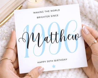 30th Birthday Card, Blue Personalised Name Card, 1996 Birth Year, Turning 30 Gift for Him, Son, Brother, Friend, Custom Age Card