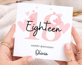 18th Birthday Card for Her, Personalised Eighteenth Birthday Card, Pink Hearts