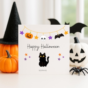 Halloween Card with Black Cat, Cute Pumpkin and Bat Design, Personalised Spooky Card for Kids, Halloween Greeting for Girls or Boys