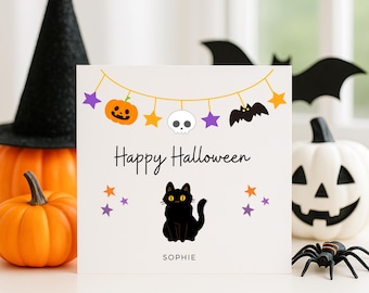Personalized Halloween Cat For Kids, Custom Name Happy Card