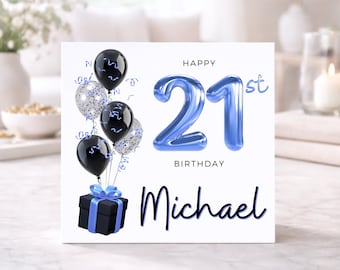 21st Birthday Card For Men, Son, Birthday Card For Him, Black & Blue Balloons, Twenty First Card For Grandson